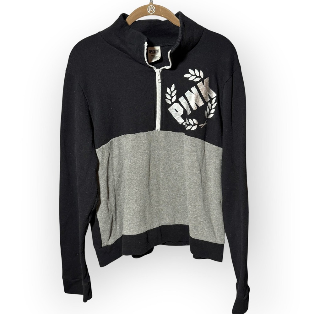 Victoria's Secret PINK Quarter Zip Pullover Sweatshirt Black Gray Silver Large